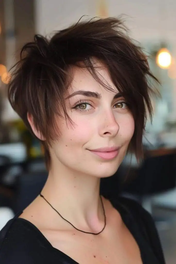 Feathered pixie cut with jagged edges.