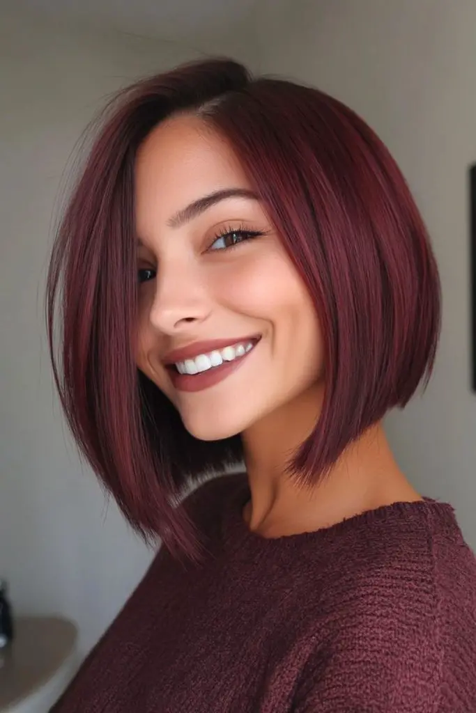 Mahogany angled bob with deep tone.