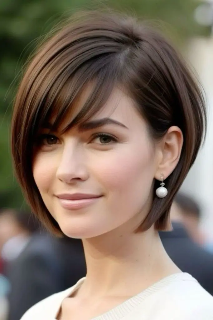 Simple sleek bob tucked behind ears.