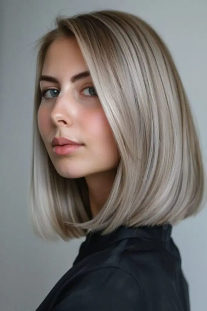 Sleek platinum strands with glossy shine.