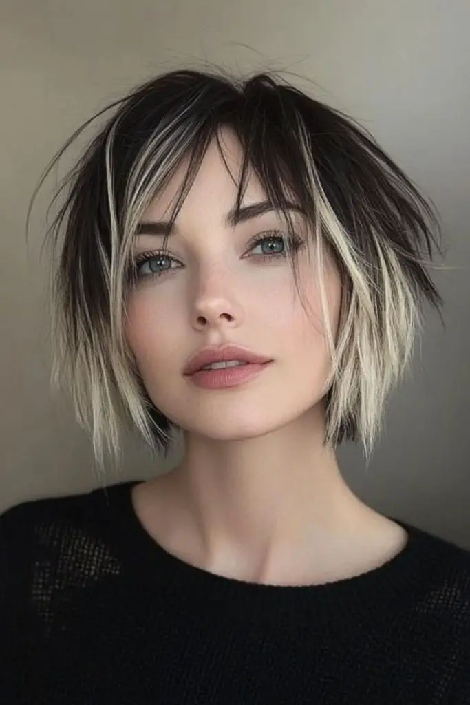Glossy bob with sharp choppy layers.