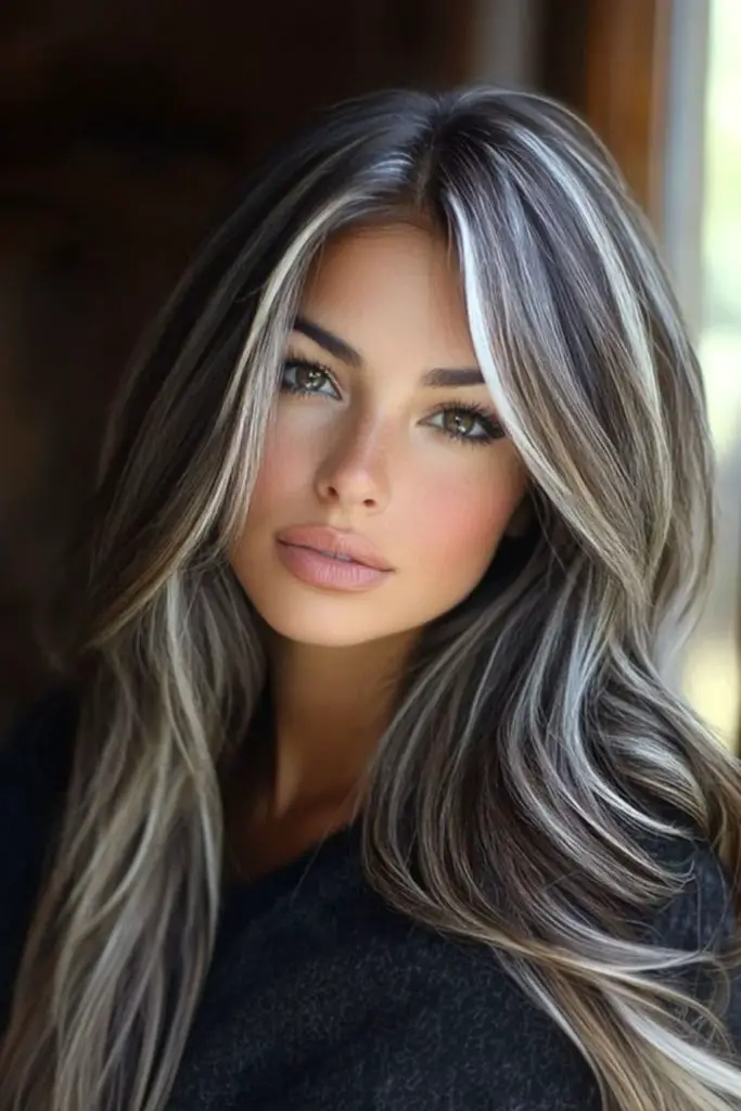 Misty silver layers with blonde accents.