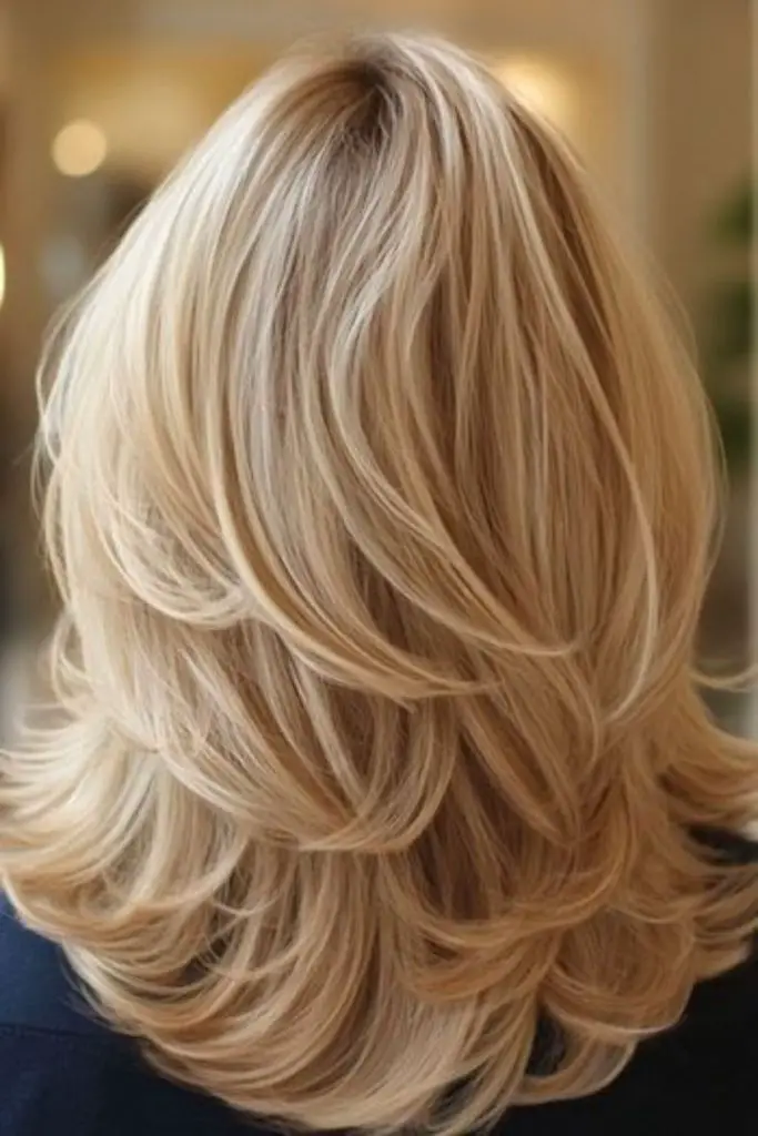 Creamy layered blonde with soft volume.