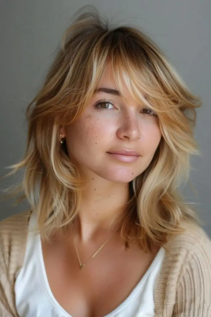 Light buttery blonde bob with texture.