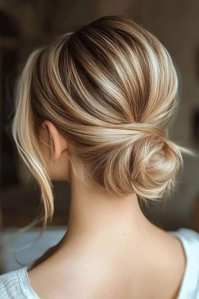 Messy low bun with floating wisps.