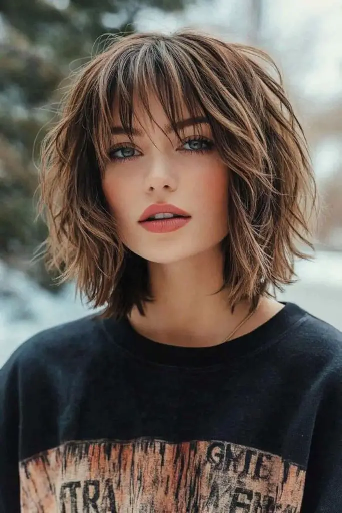 Voluminous layered bob with razor ends.