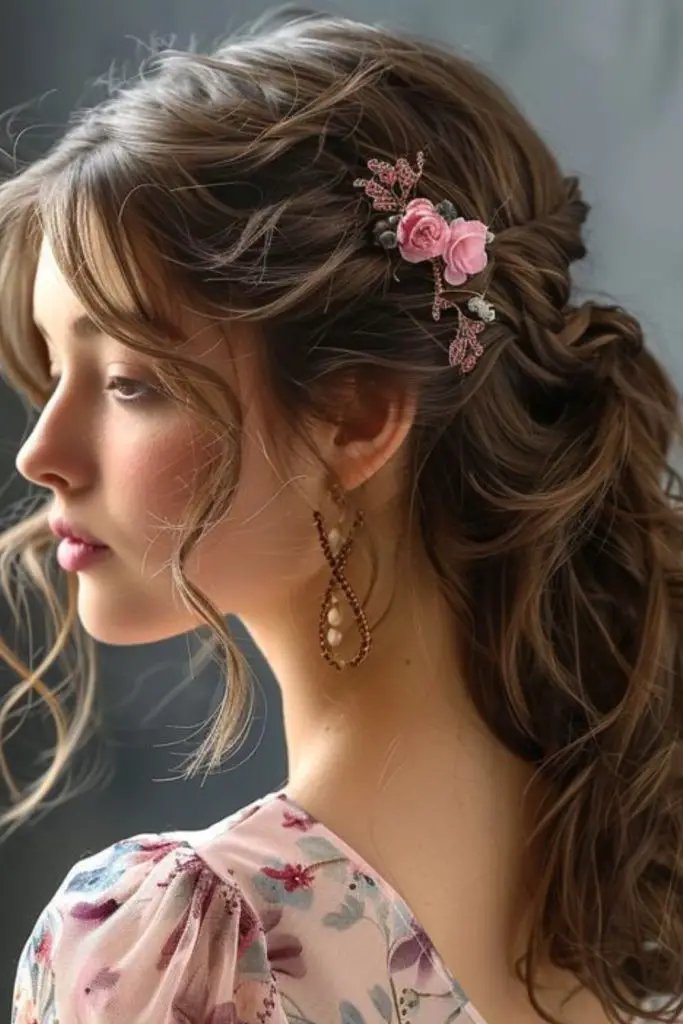 Twisted half-up hairstyle with dreamy waves.