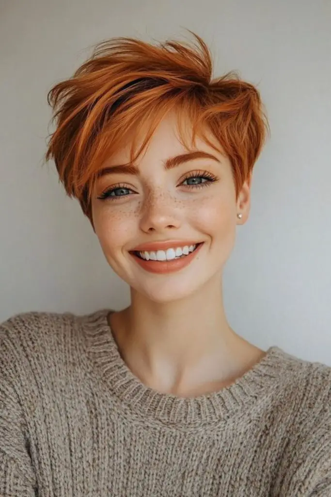 Fiery red pixie with textured top.
