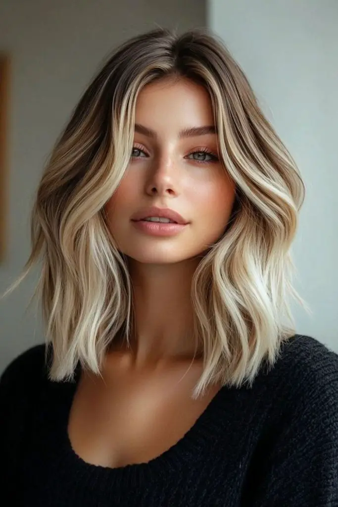 Frosty champagne blonde with smooth texture.
