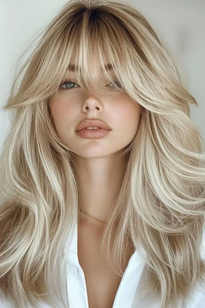 Platinum icy layers with soft bangs.