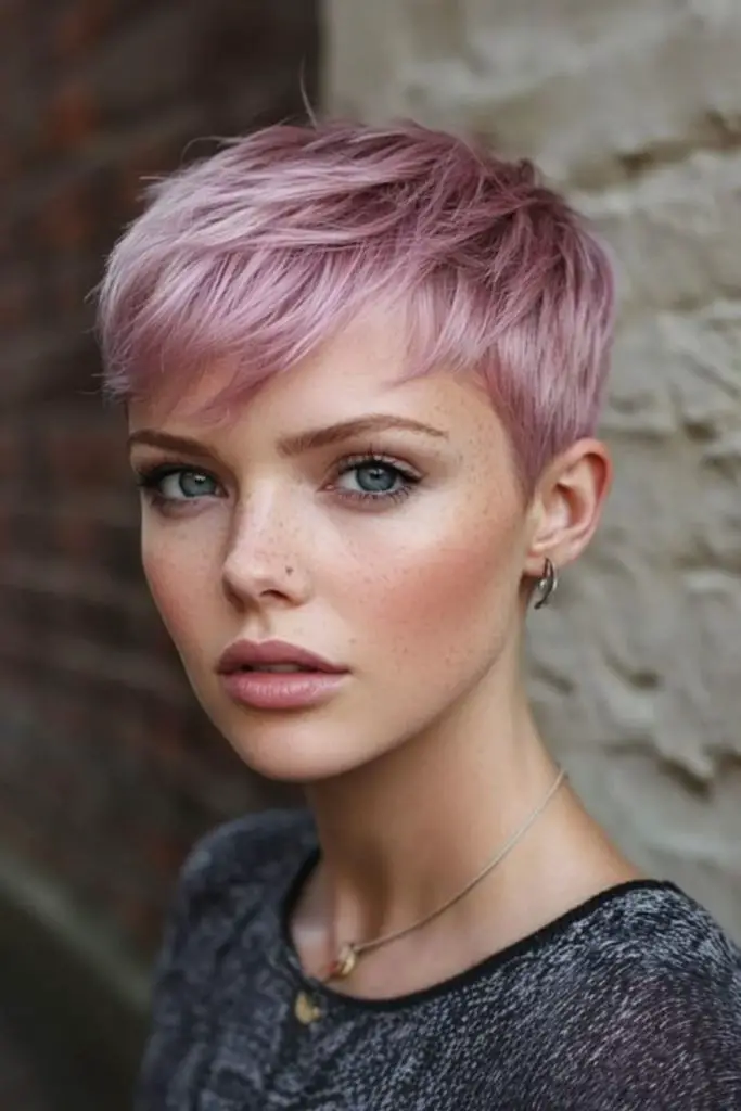 Lavender-tinted pixie with feathered edges.