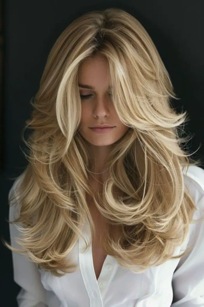 Sunlit blonde layers with curtain bangs.