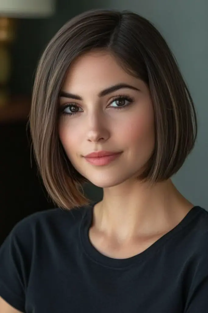 Sleek glossy bob with refined edges.