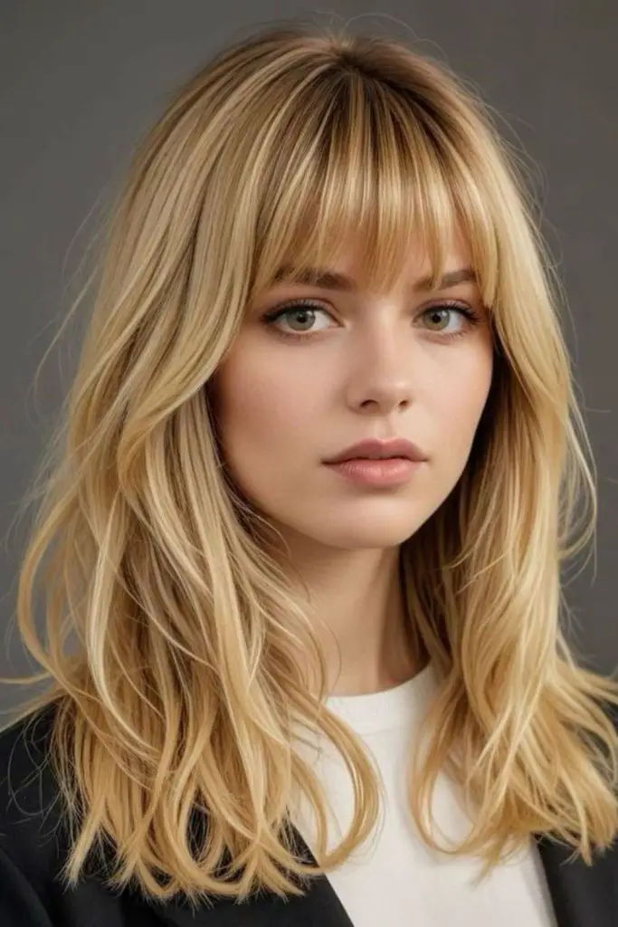 Radiant golden blonde with soft waves.