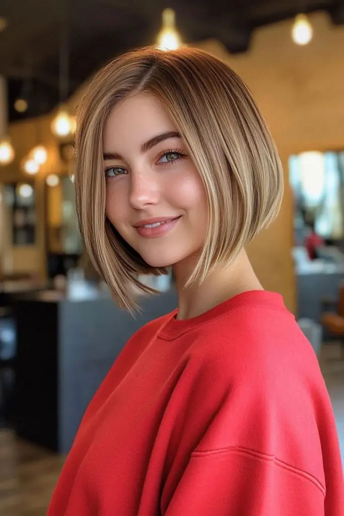 Sun-kissed bob with warm highlights.
