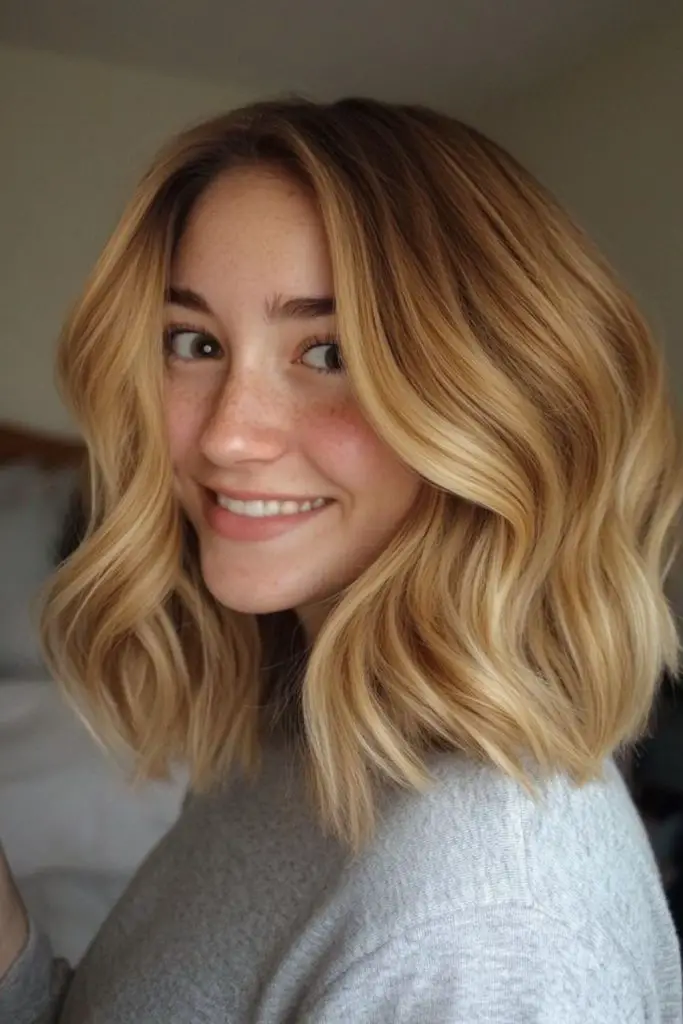 Honey-blonde bob with face-framing softness.