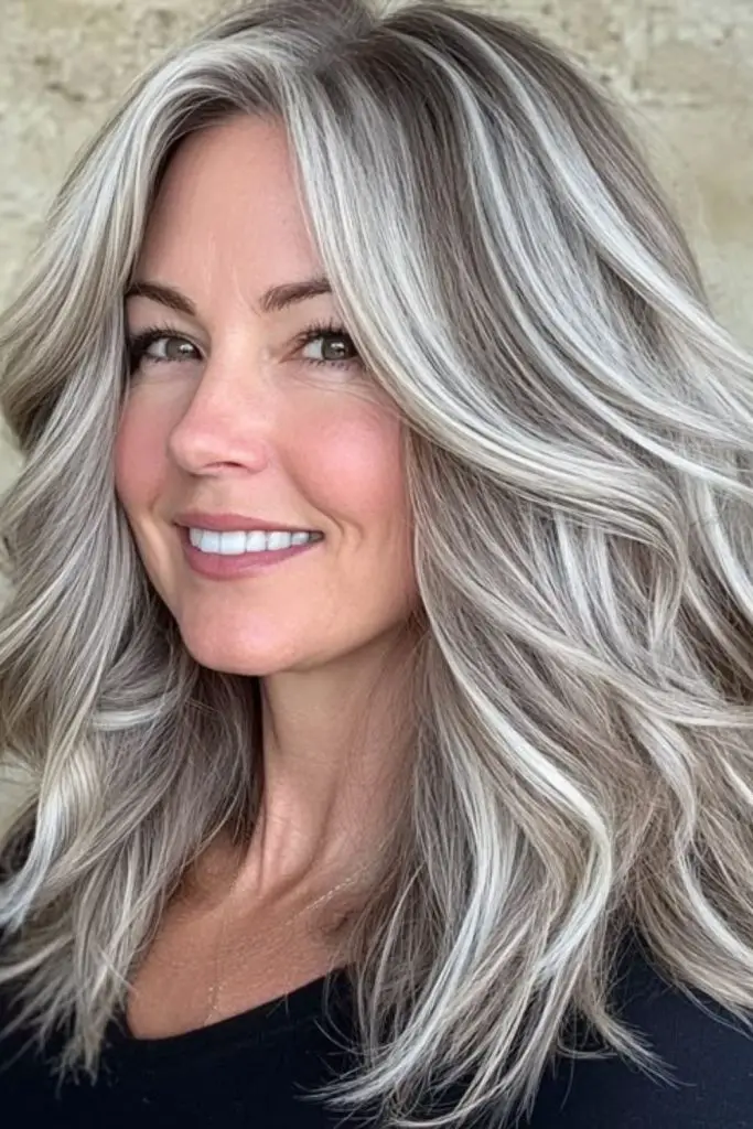 Platinum blonde woven through silver strands.