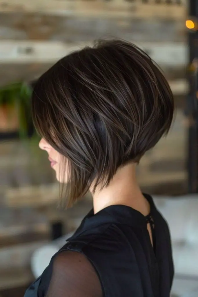 Short back long front angled bob.
