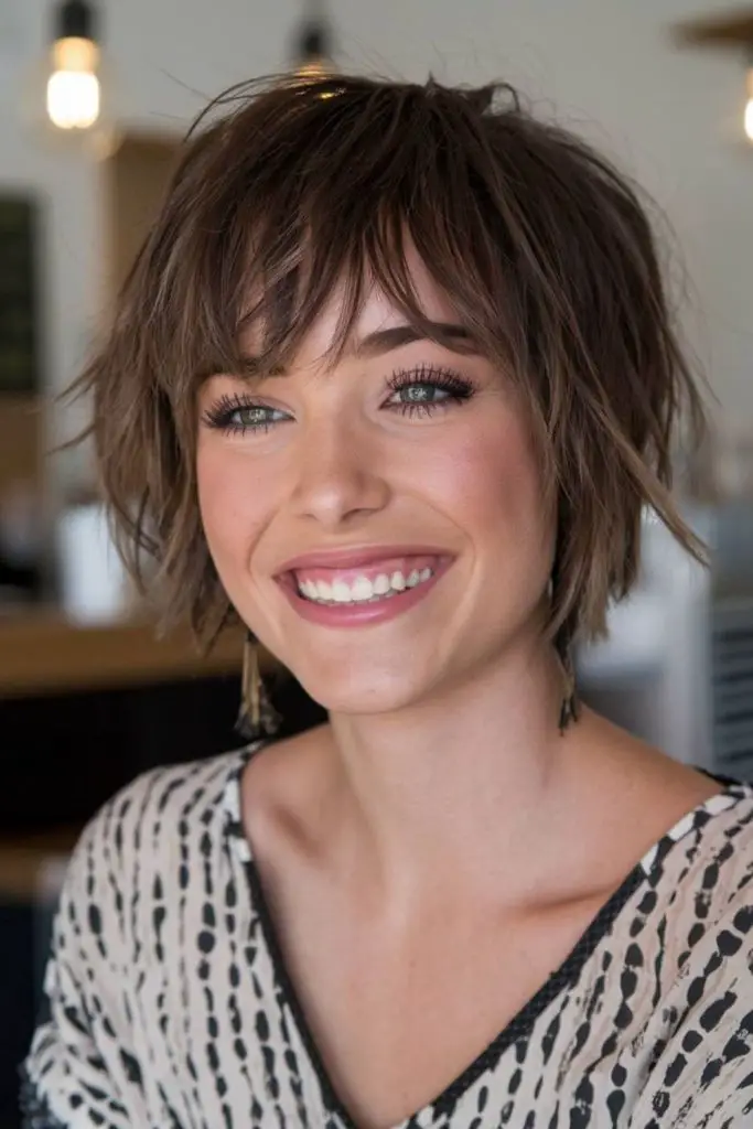 Choppy bob with volume and flicks.