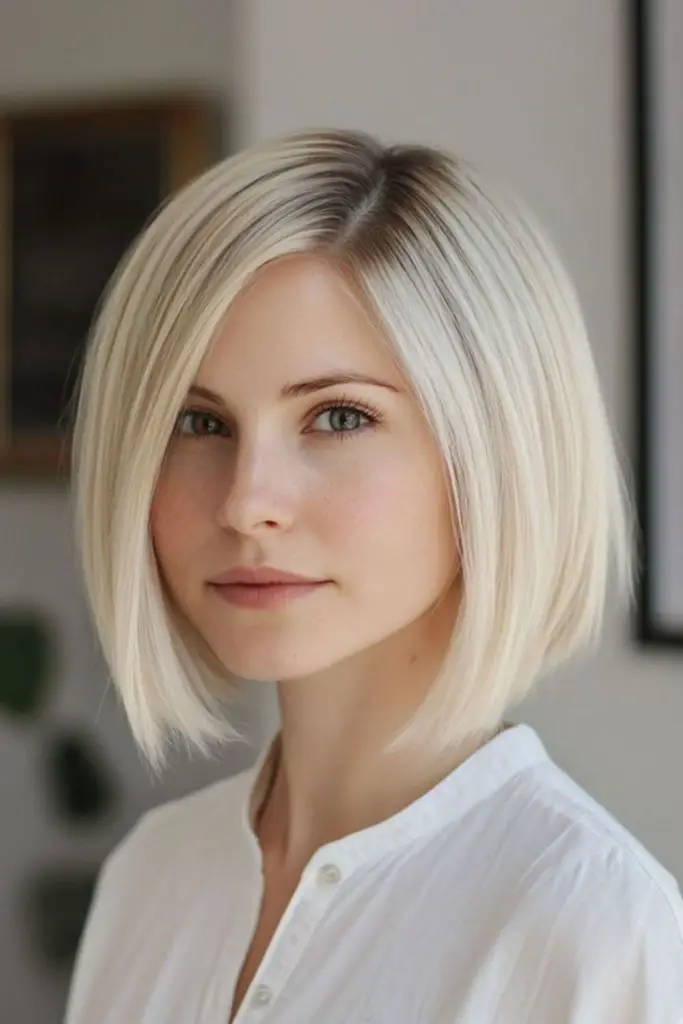 Platinum angled bob with icy tones.