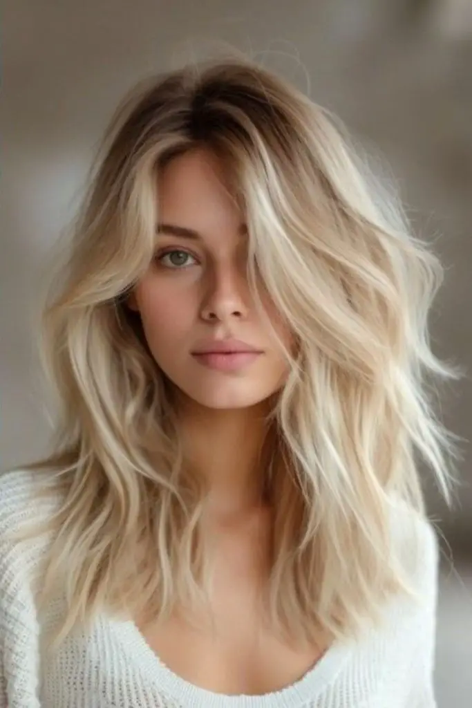 Vanilla blonde lob with soft waves.