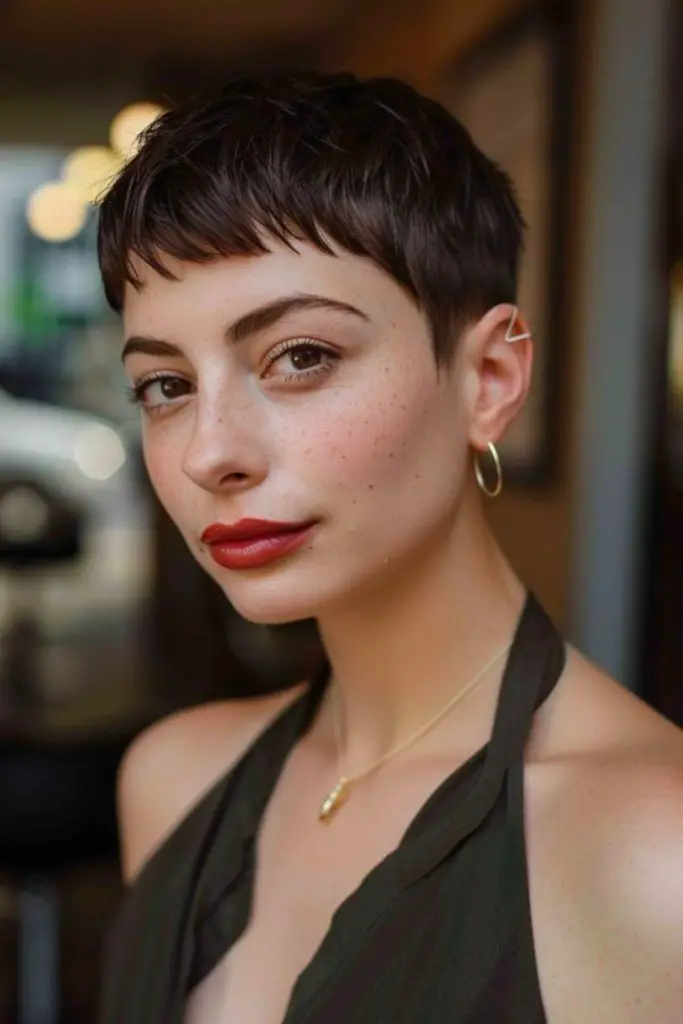 Ultra-short pixie with micro bangs.