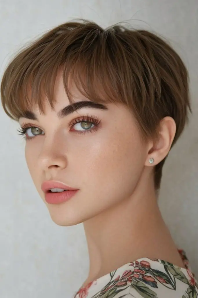 Short baby bangs with cropped pixie.