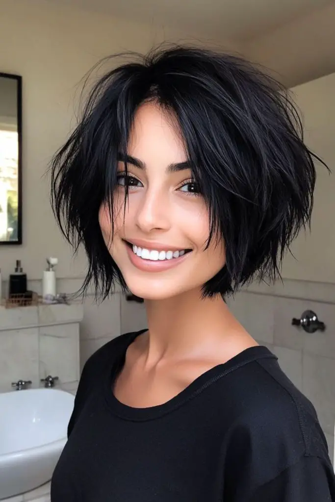 Dark choppy bob with soft layers.