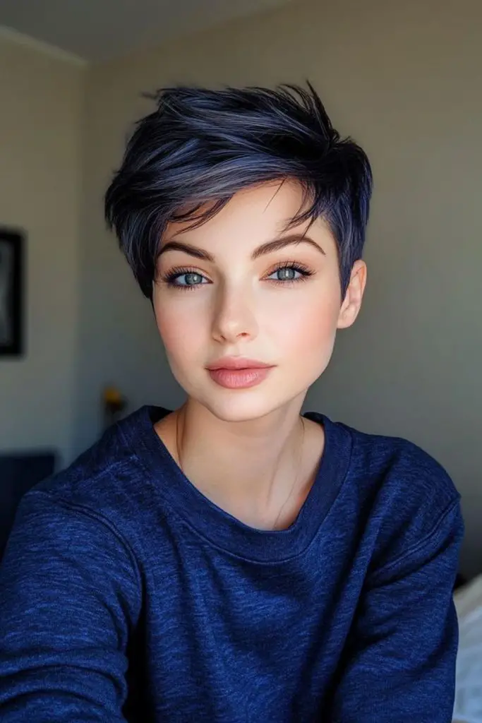 Sleek black pixie with shadowy depth.