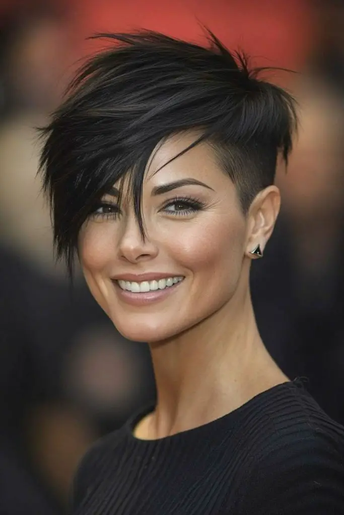 Short, skin-faded cut with dark tones.