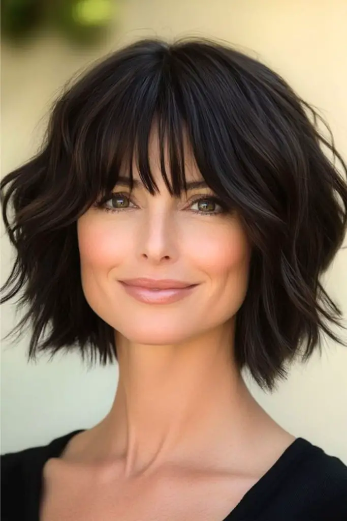 Shaggy black bob with layered texture.