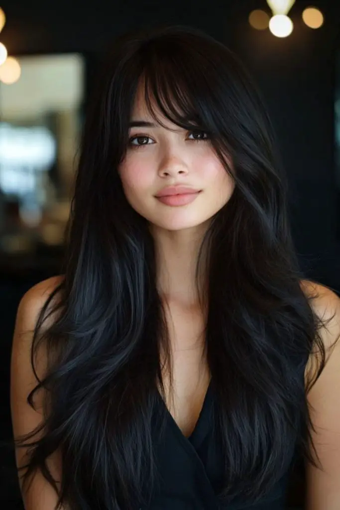 Sleek dark layers with curtain fringe.