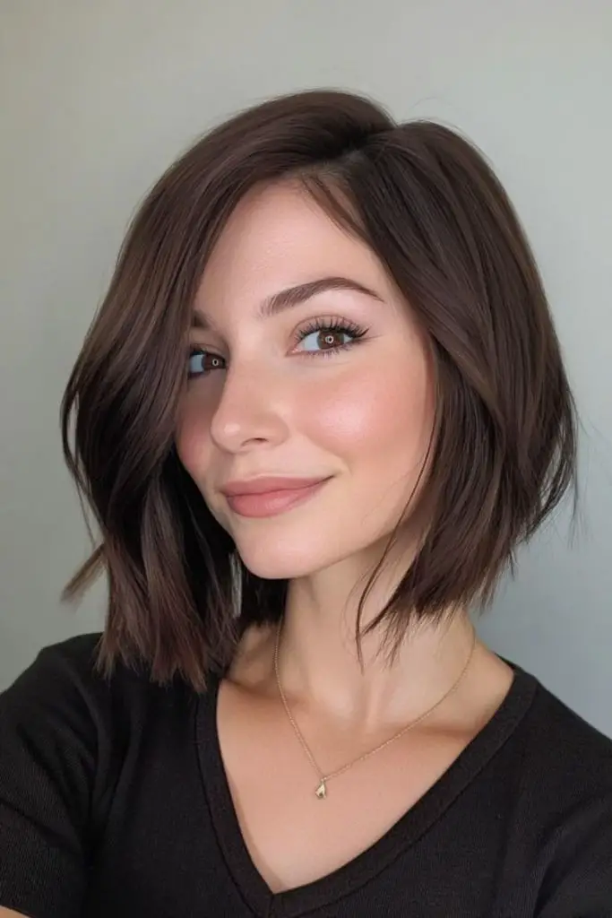 Warm brown bob with sculpted edges.