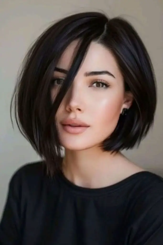 Midnight black bob with sharp ends.