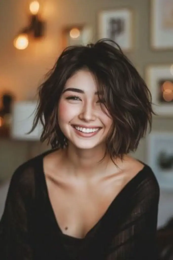 Mysterious dark bob with sharp layers.