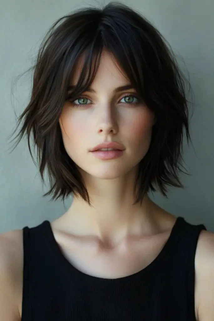 Sleek black bob with precise layers.