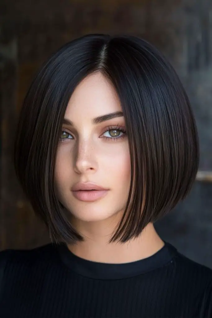 Glossy black bob with bold arc.