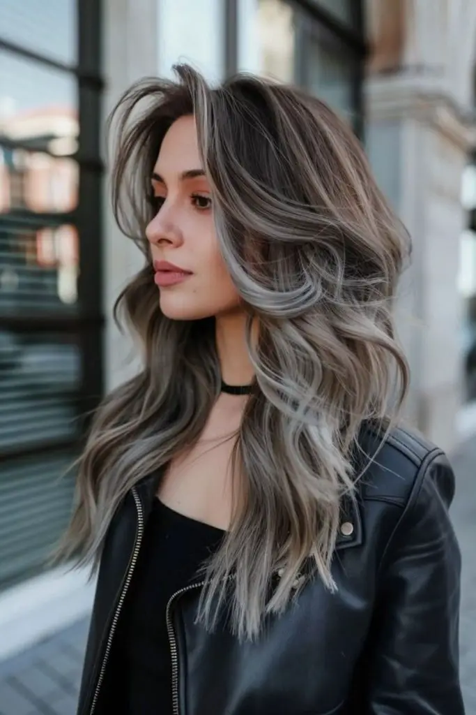 Iridescent opal blonde highlights on gray.