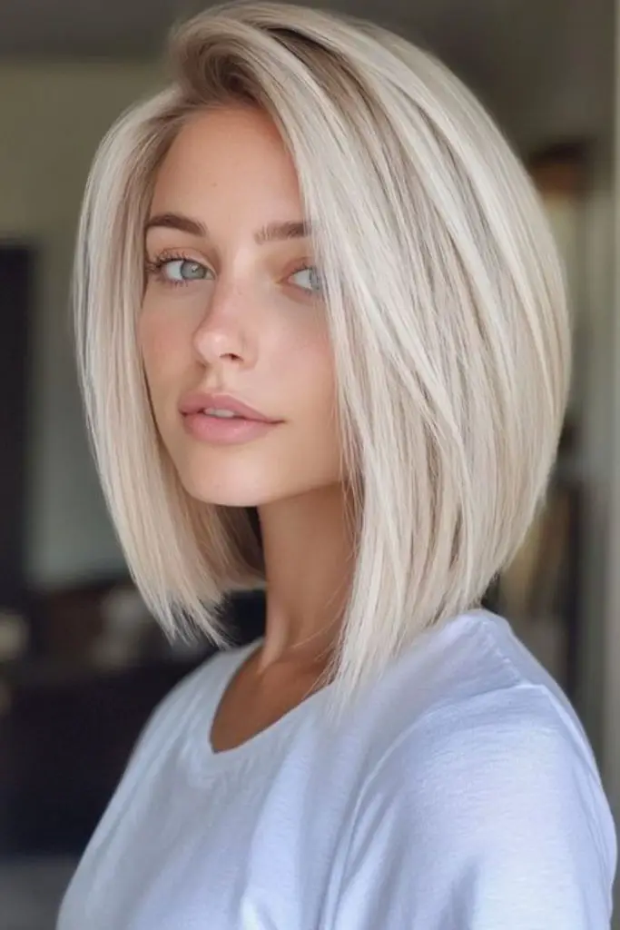 Icy silver bob with modern structure.