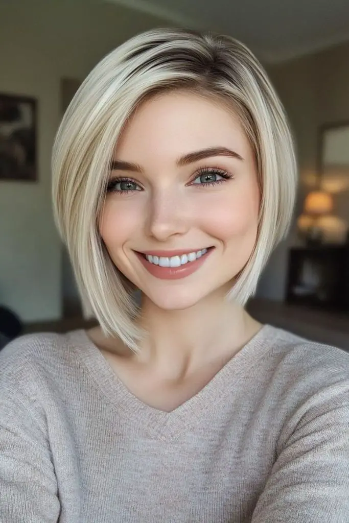 Icy blonde bob with sleek shine.