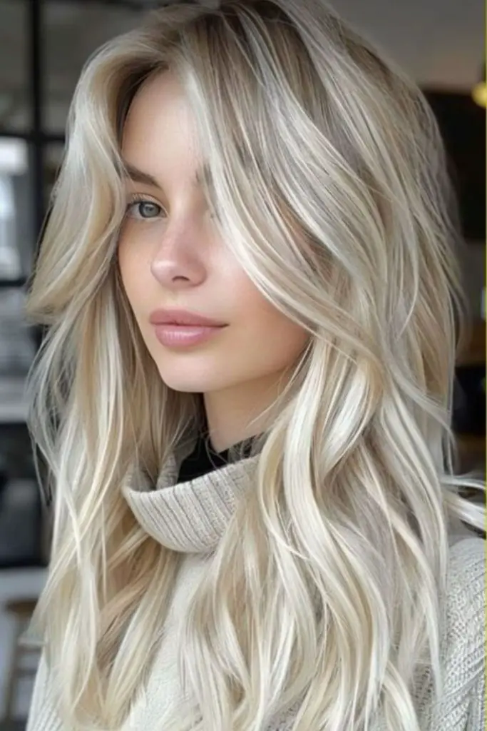 Sleek platinum blonde with icy shine.