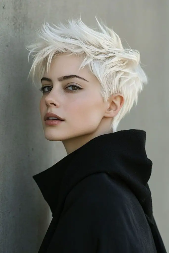 Ultra-short platinum pixie with sleek finish.
