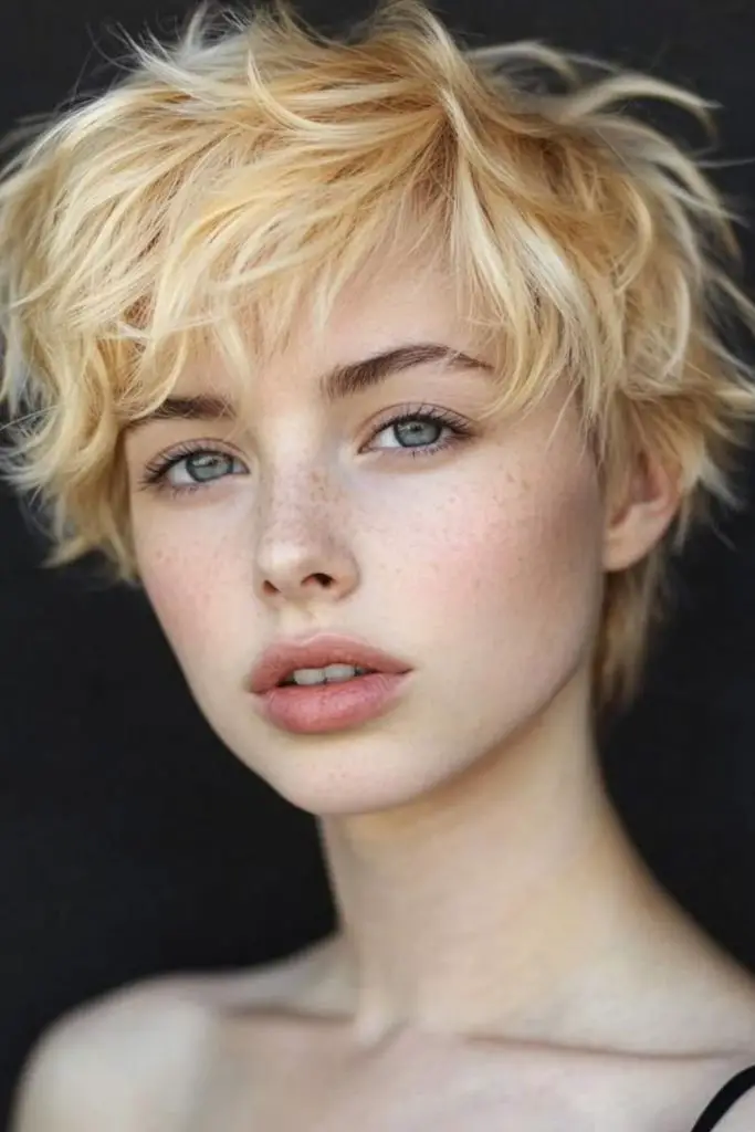 Textured pixie cut with soft flicks.