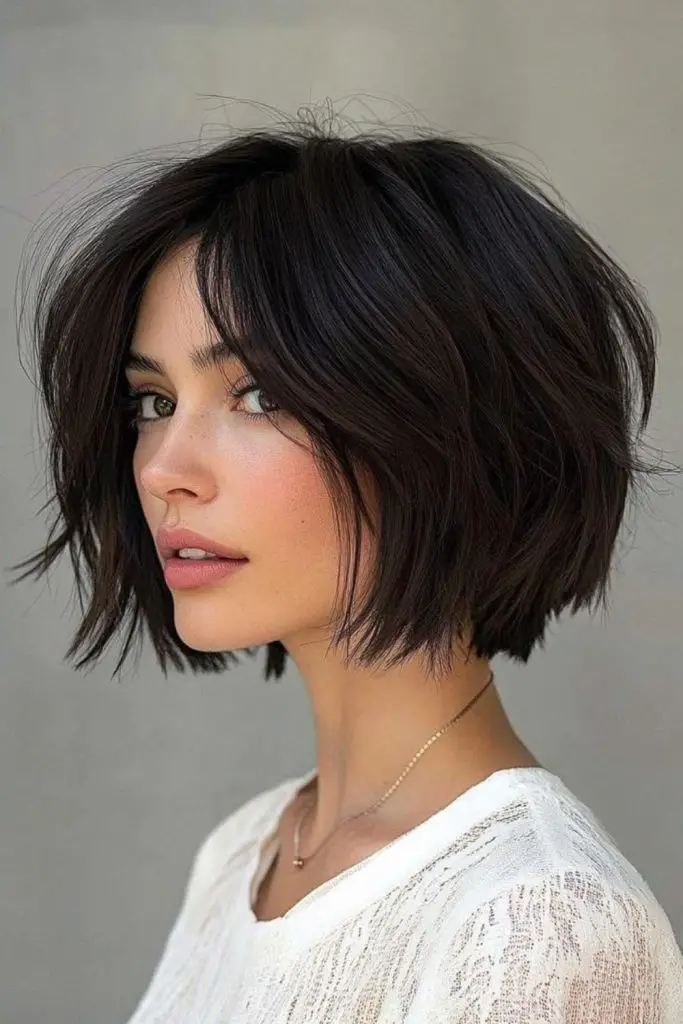 Angled bob with sharp defined layers.