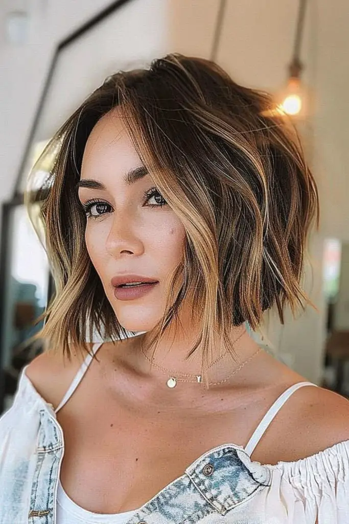 Sharp chin-length bob with razor edges.