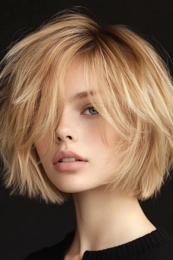 Edgy razor-cut layered bob style.