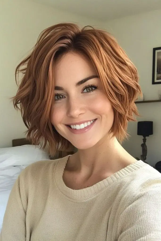 Razor-cut bob with tousled edges.