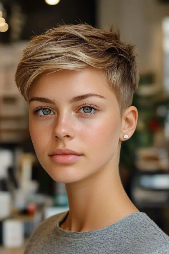 Edgy jagged pixie with tapered nape.