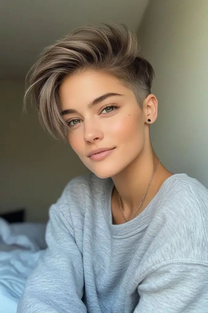 Feminine pixie with hidden undercut.