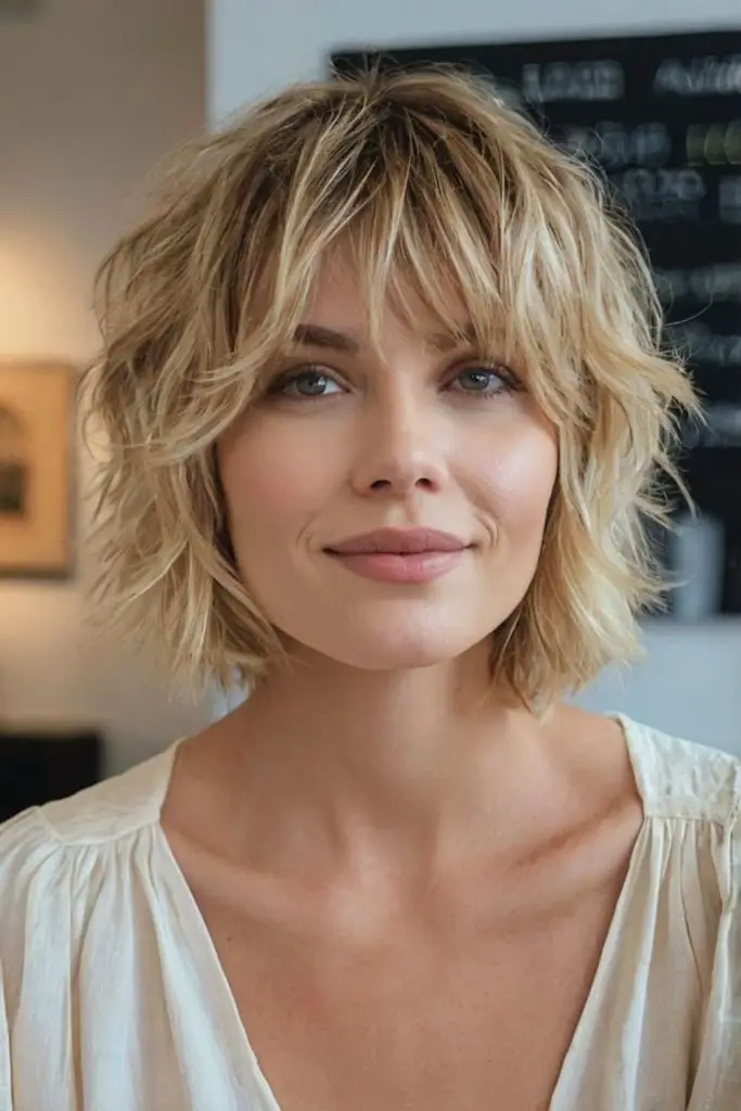 Soft, tousled bob with delicate movement.